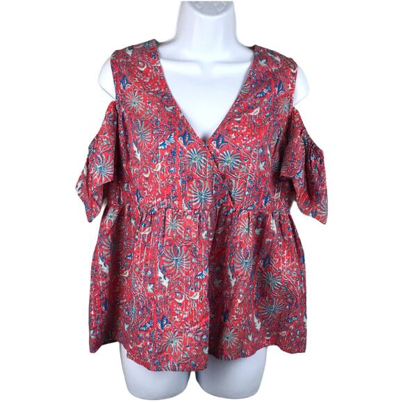 Lucky Brand Top Floral Metallic V-Neck Surplice Cold Shoulder Blouse‎ Women's S - Picture 2 of 10